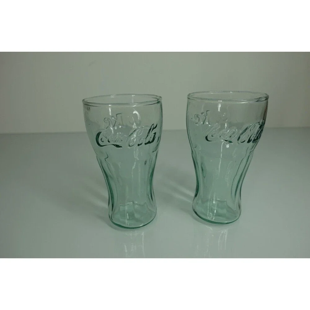 Coca-Cola Coke Set of 2 Vintage Green Contoured Drinking Glasses 4.5 Inches